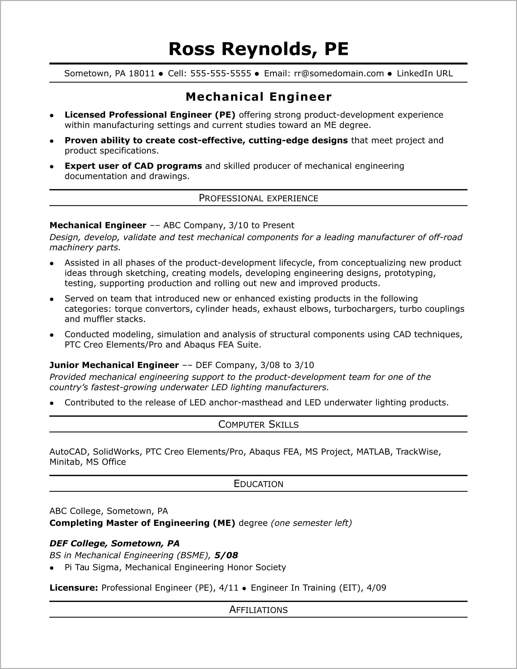 Engineer Resume With Minimal Work Experience
