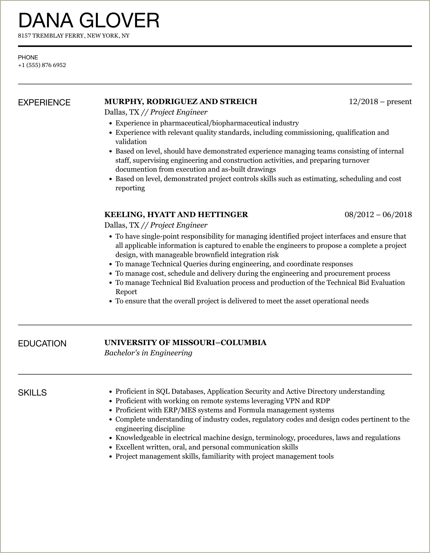 Engineering Resume Projects Or Type Of Work