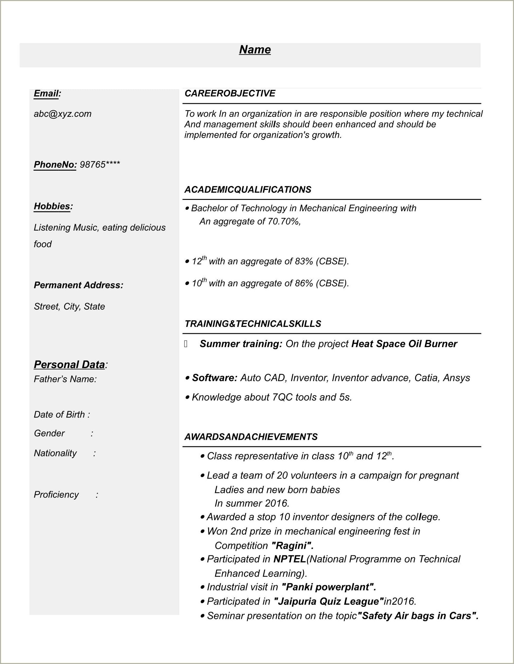 Engineering Resume Samples For Freshers Free Download