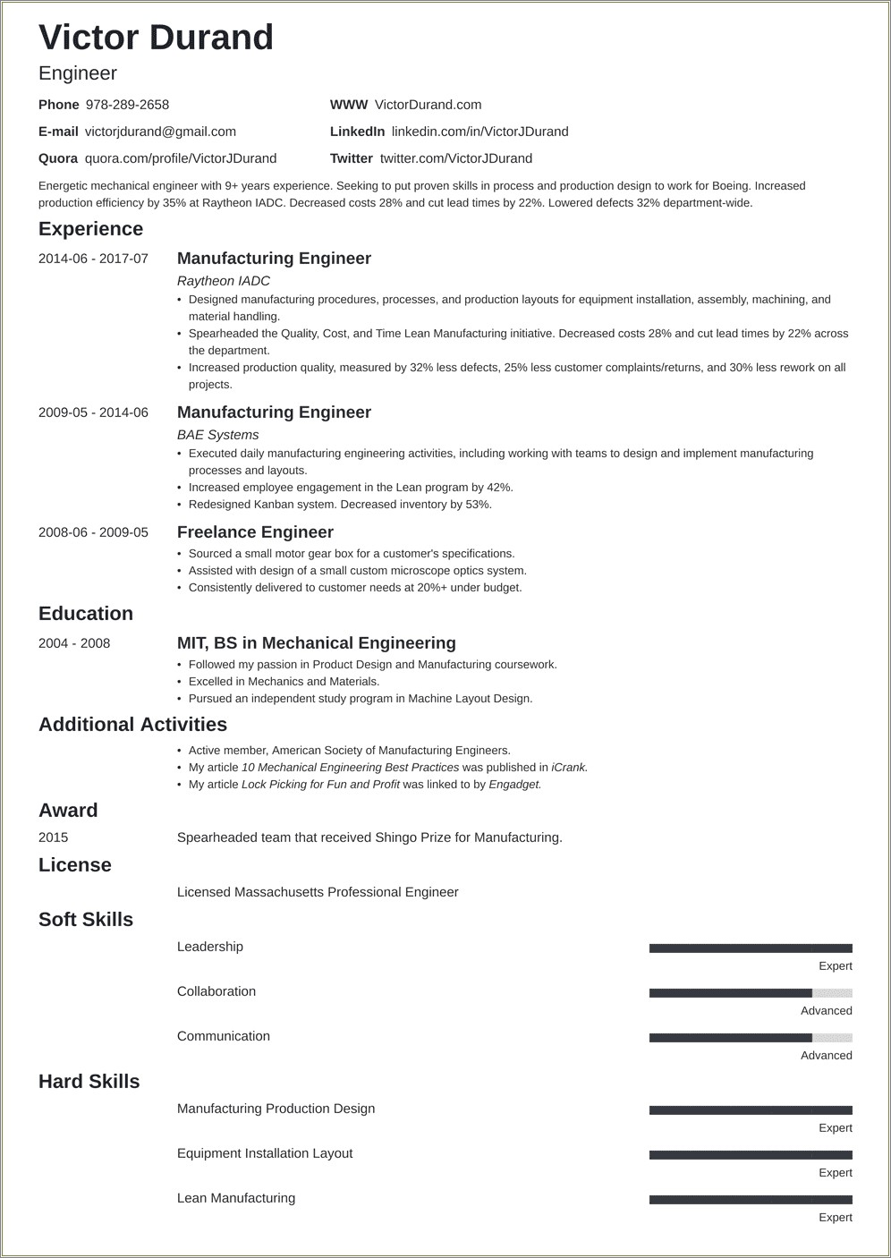 Engineering Resume Where To Put Department