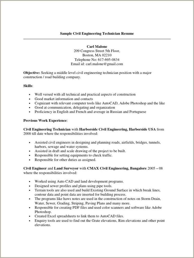 Engineering Technician Summary Statement For Resume