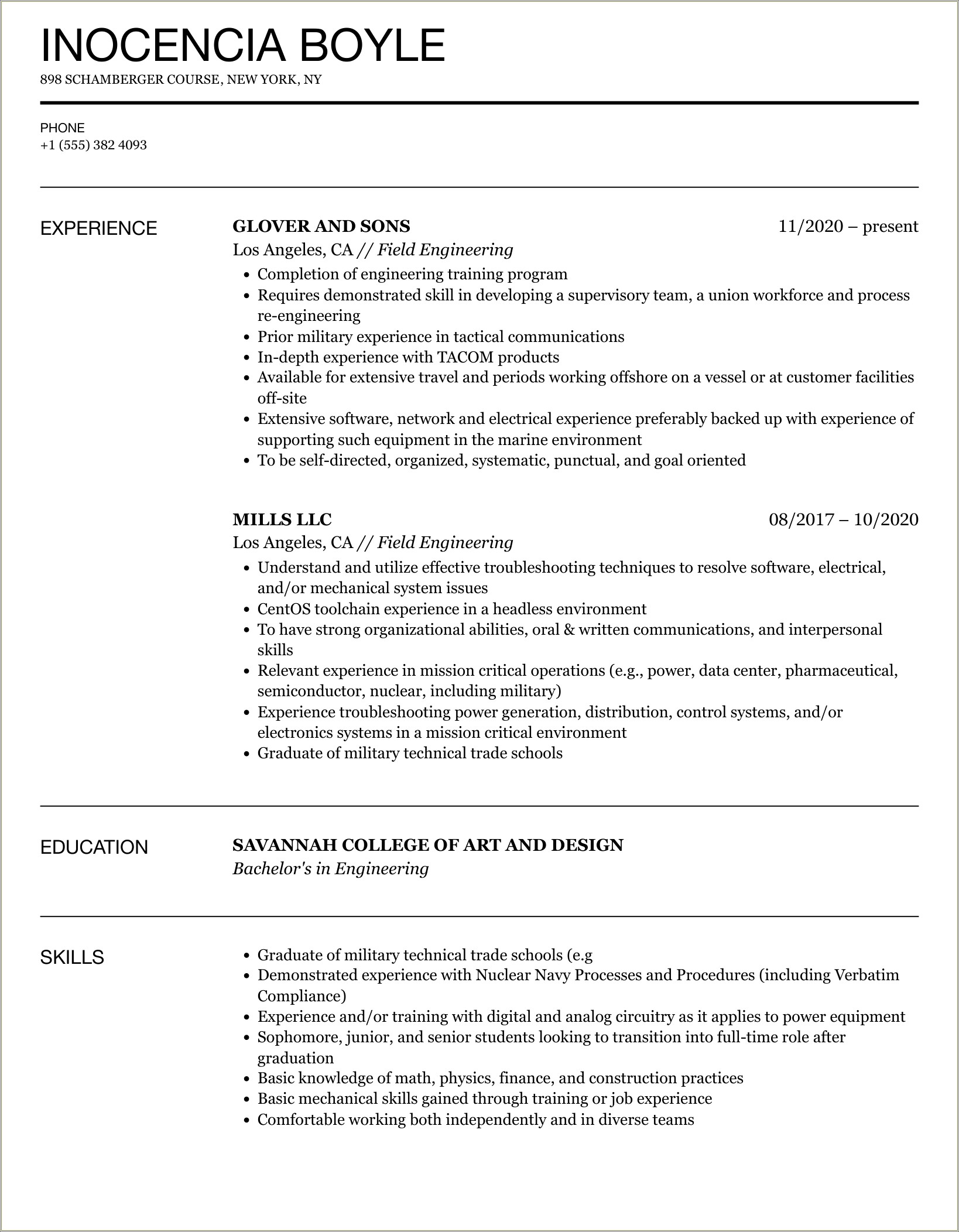Engineering Undergrad Resume With Military Experience