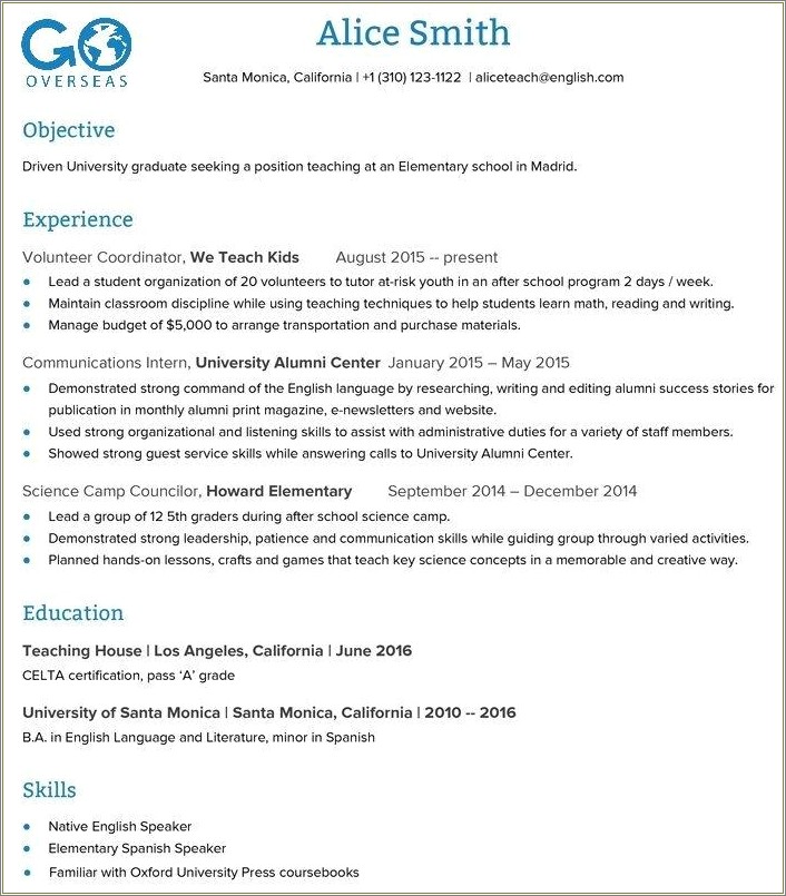English As A Second Language Teacher Resume Example