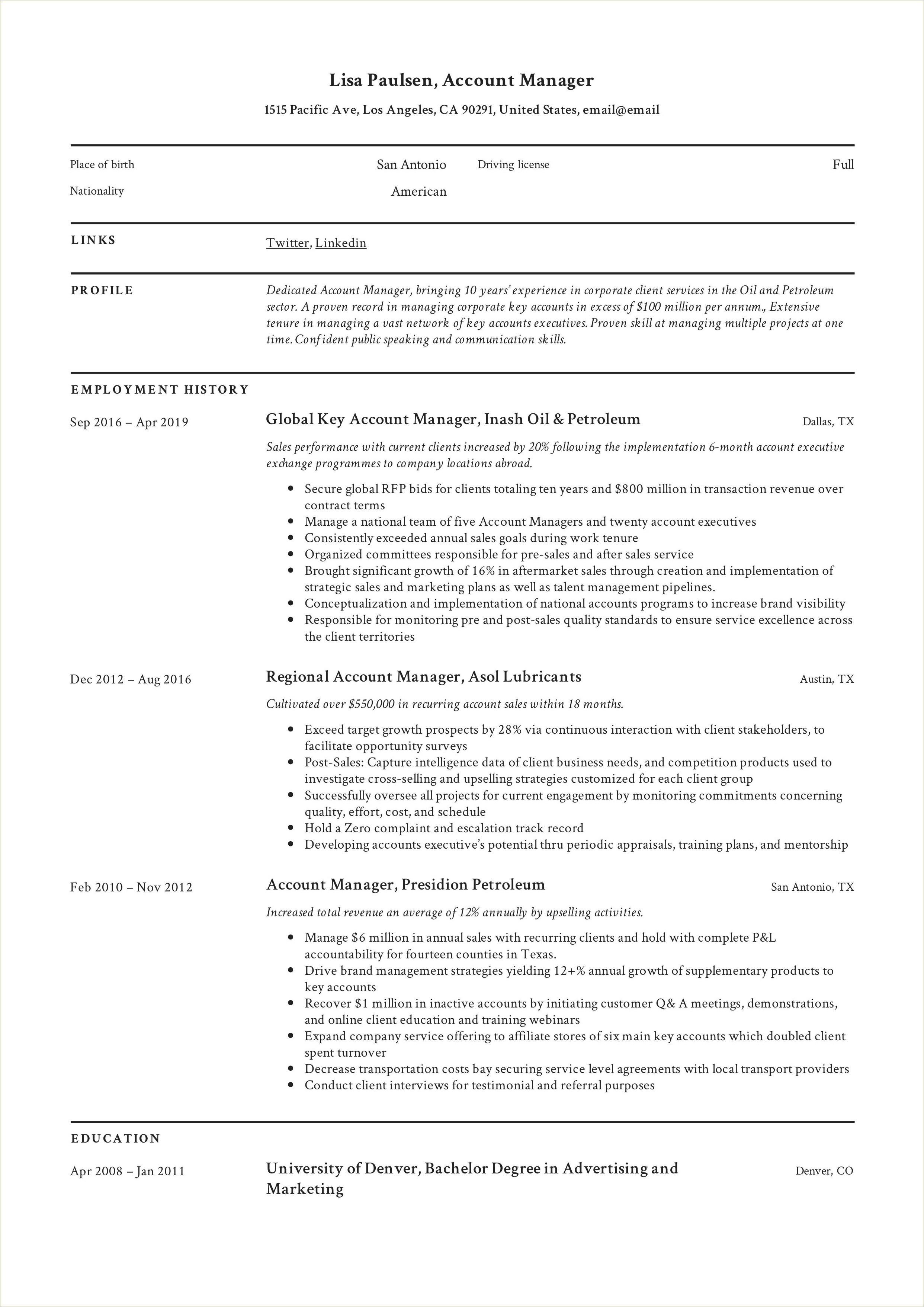 Entry Level Account Manager Resume Sample