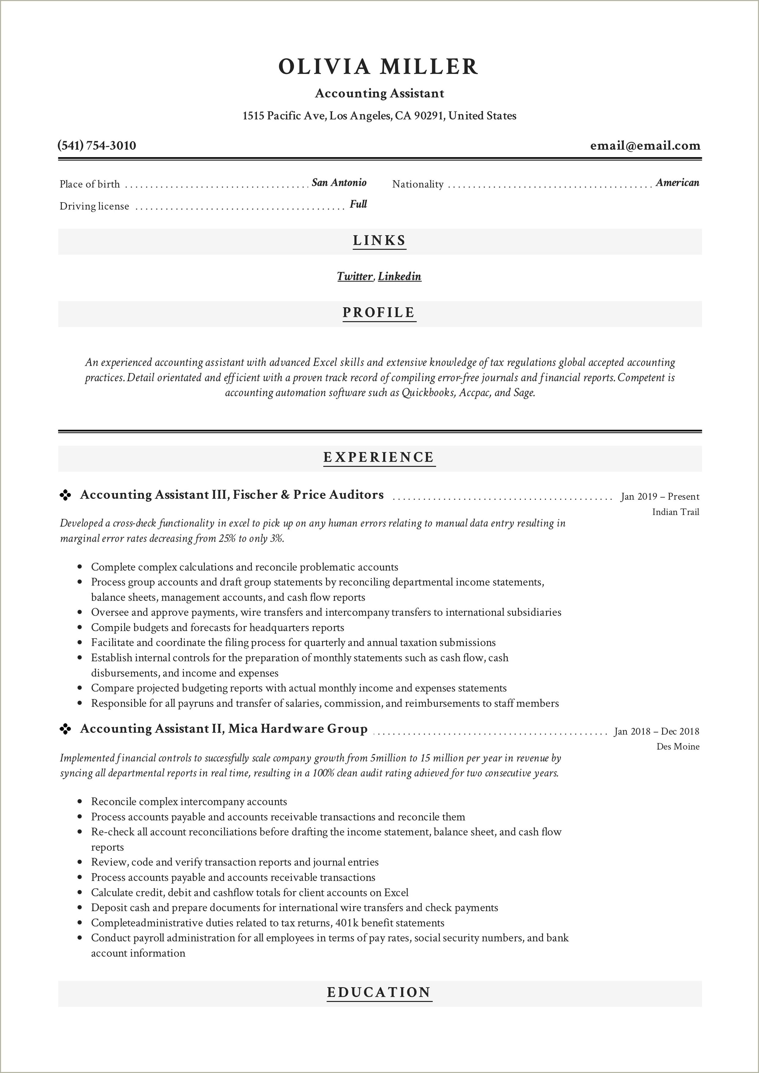Entry Level Accounting Assistant Resume Sample