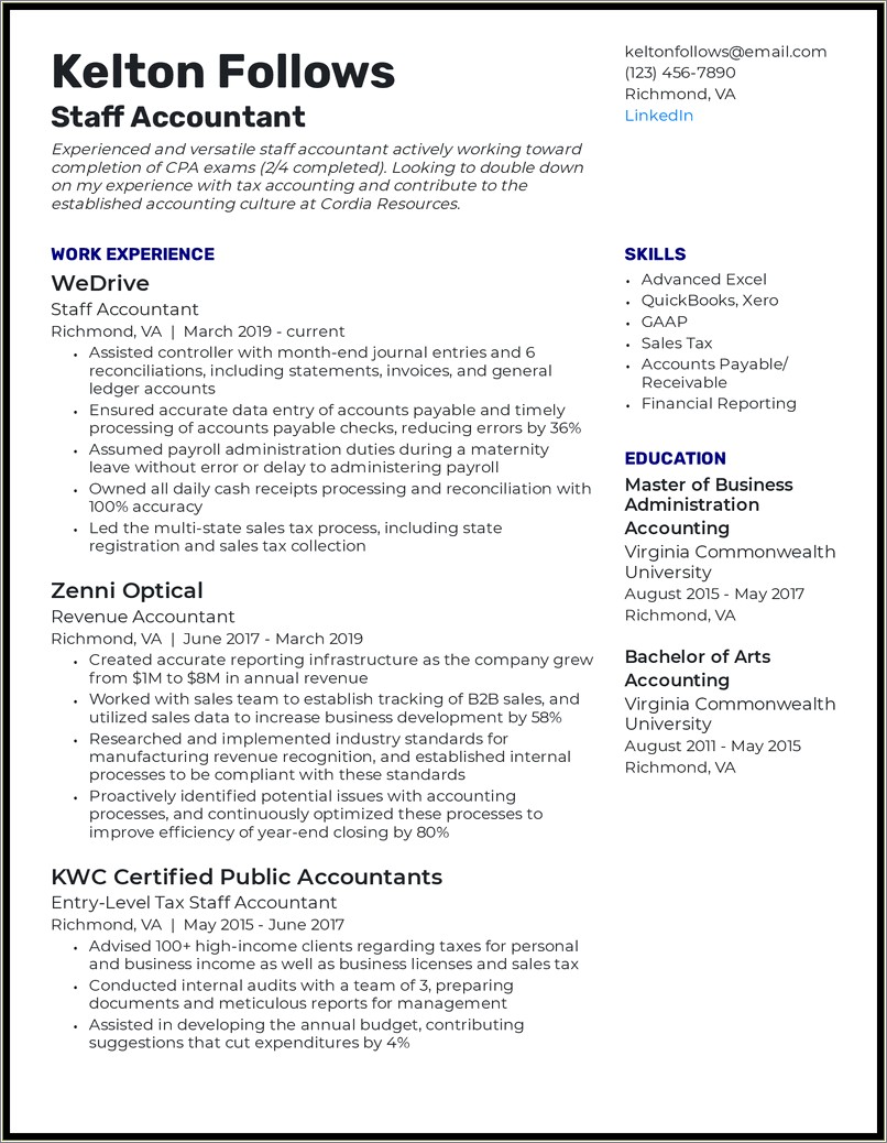 Entry Level Accounting Graduate Resume Sample