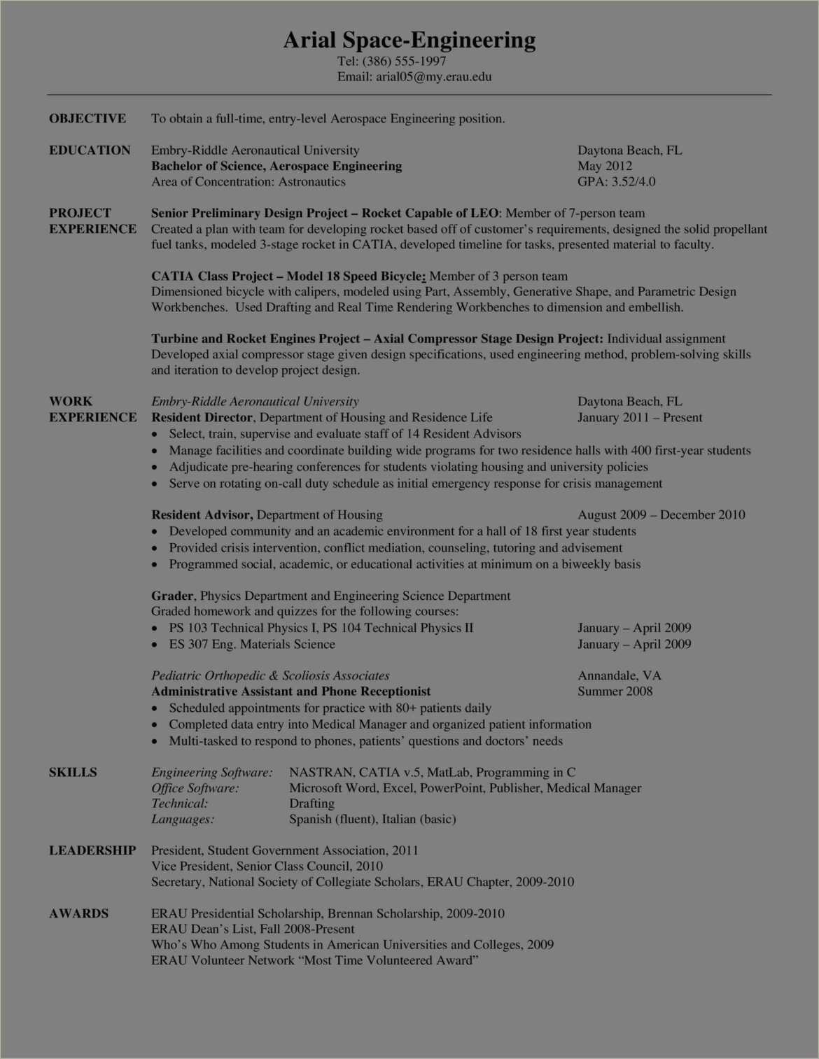 Entry Level Aerospace Engineering Resume Template