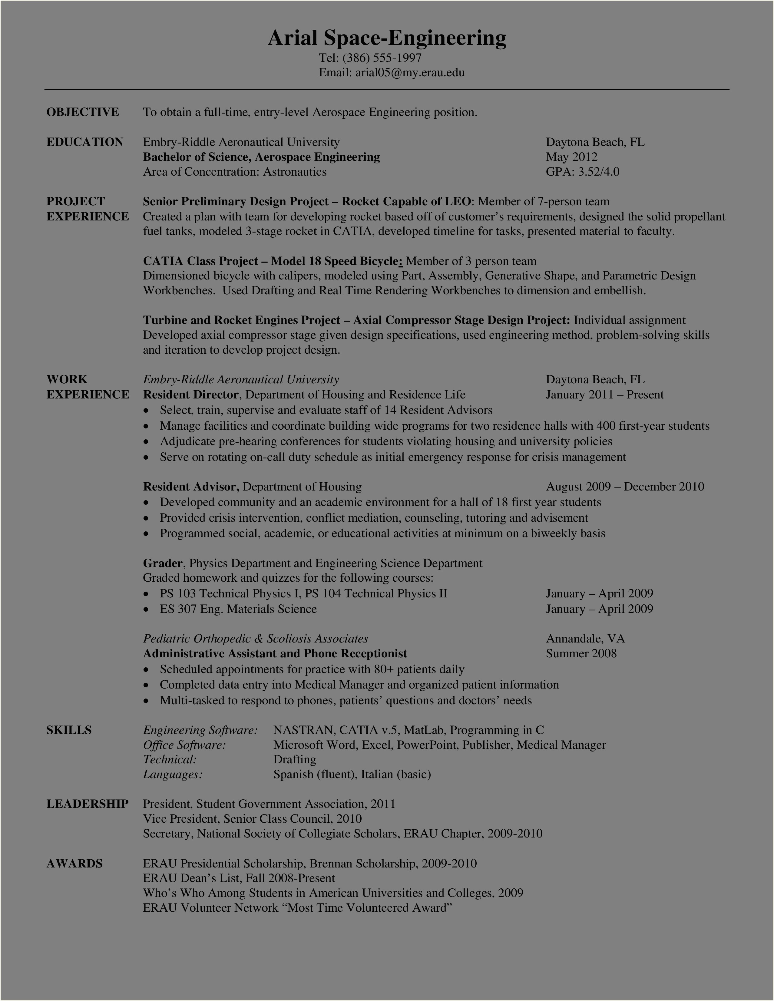 Entry Level Aerospace Engineering Resume Template