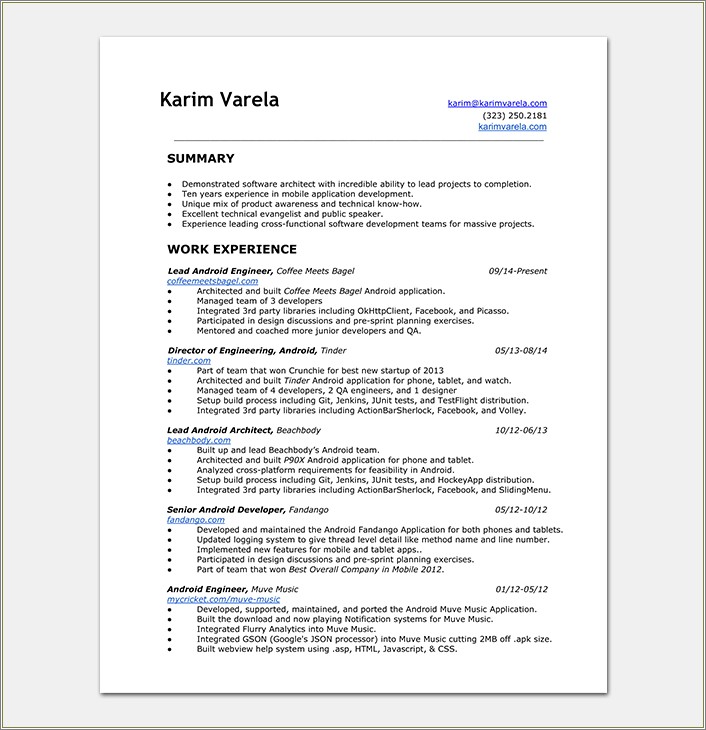 Entry Level Android Developer Resume Example