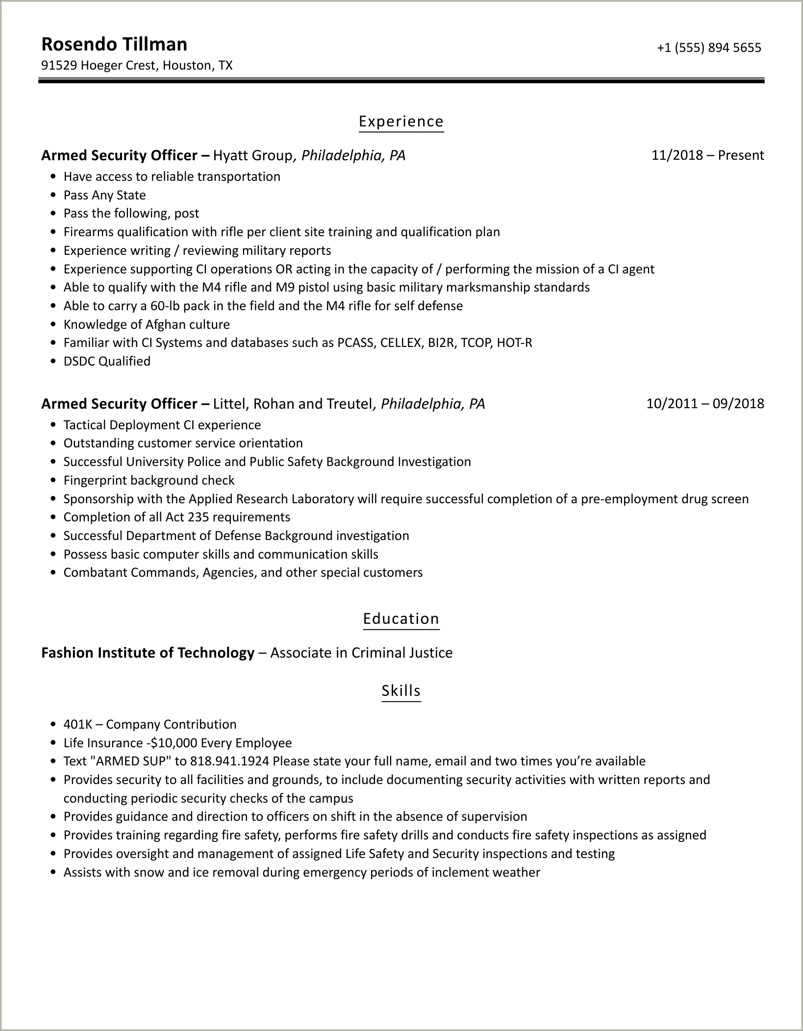 Entry Level Armed Security Resume Sample