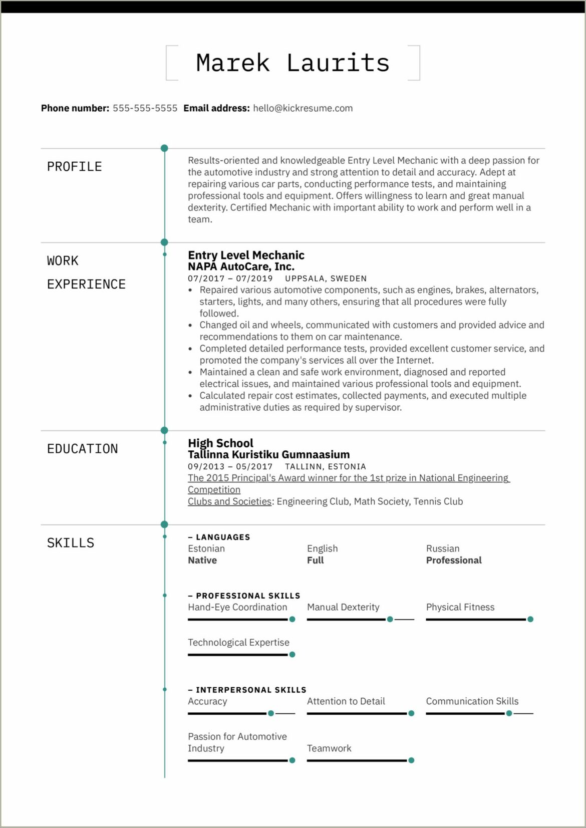 Entry Level Auto Mechanic Resume Sample