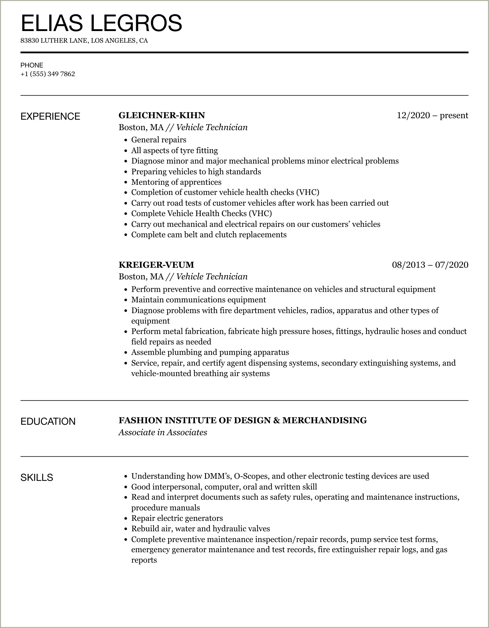 Entry Level Automotive Technician Resume Samples