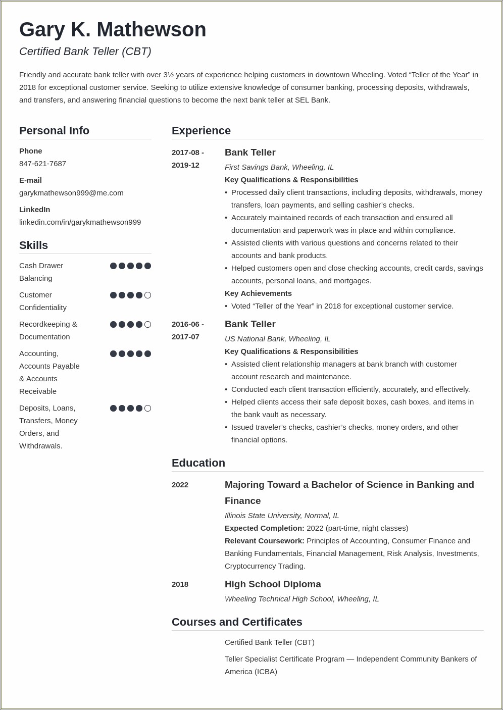 Entry Level Bank Teller Objective Resume