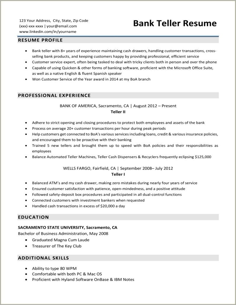Entry Level Bank Teller Resume No Experience