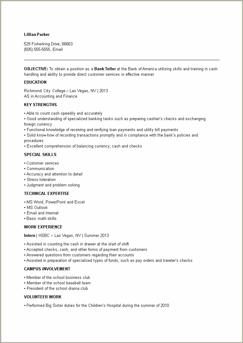 Entry Level Bank Teller Resume Objective