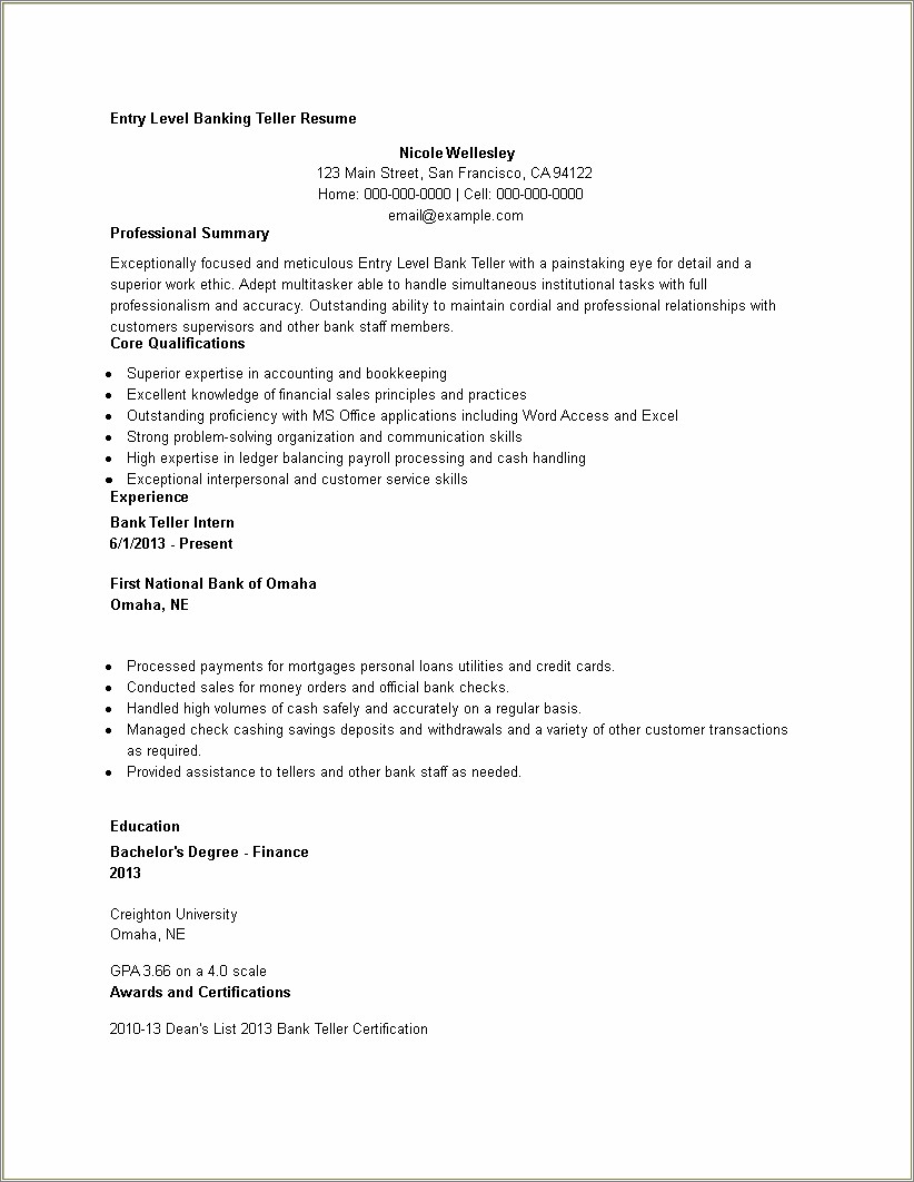 Entry Level Bank Teller Resume Summary