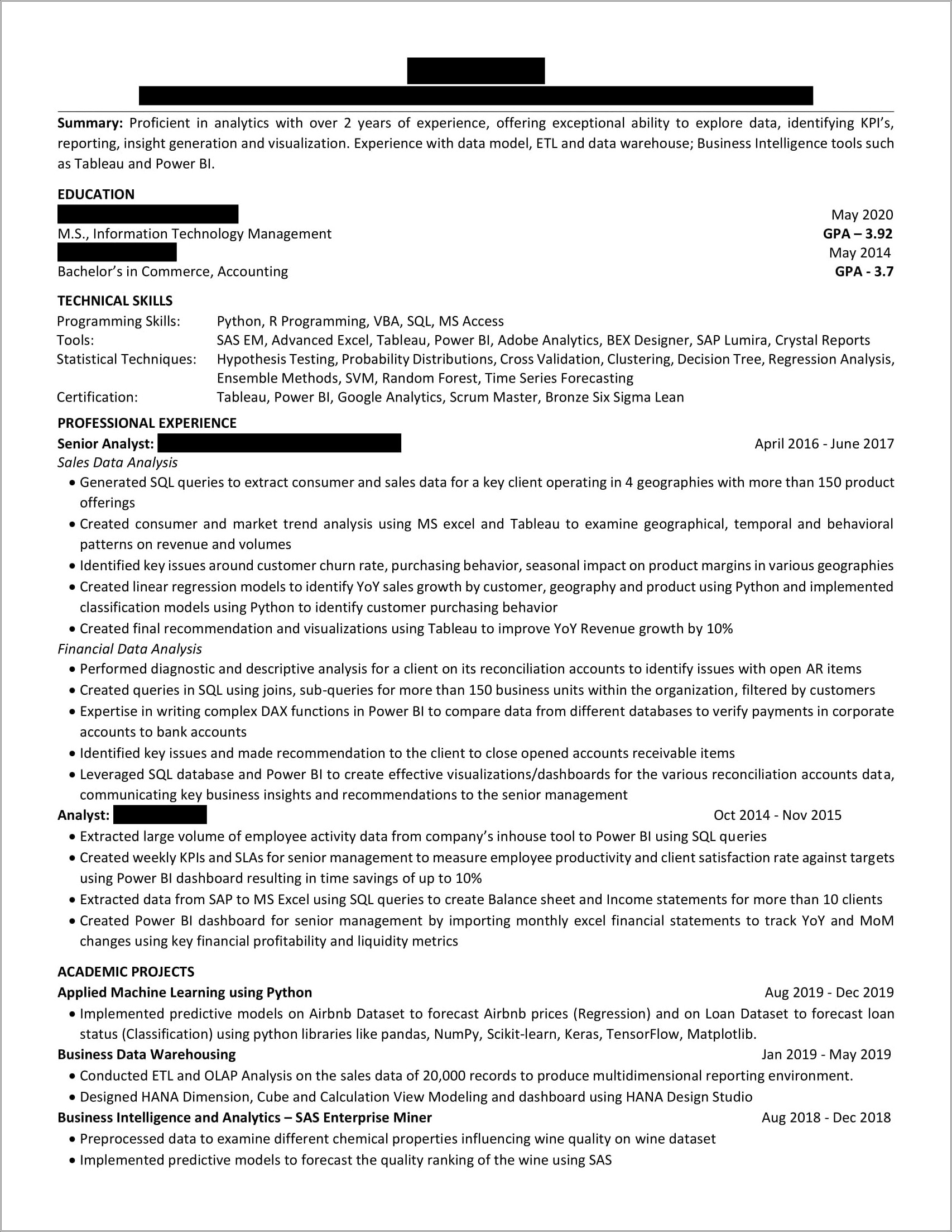 Entry Level Business Analyst Resume Example