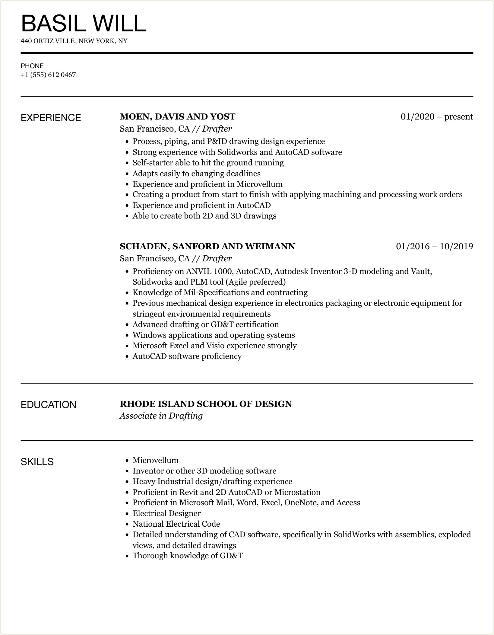 Entry Level Cad Drafting Resume Examples