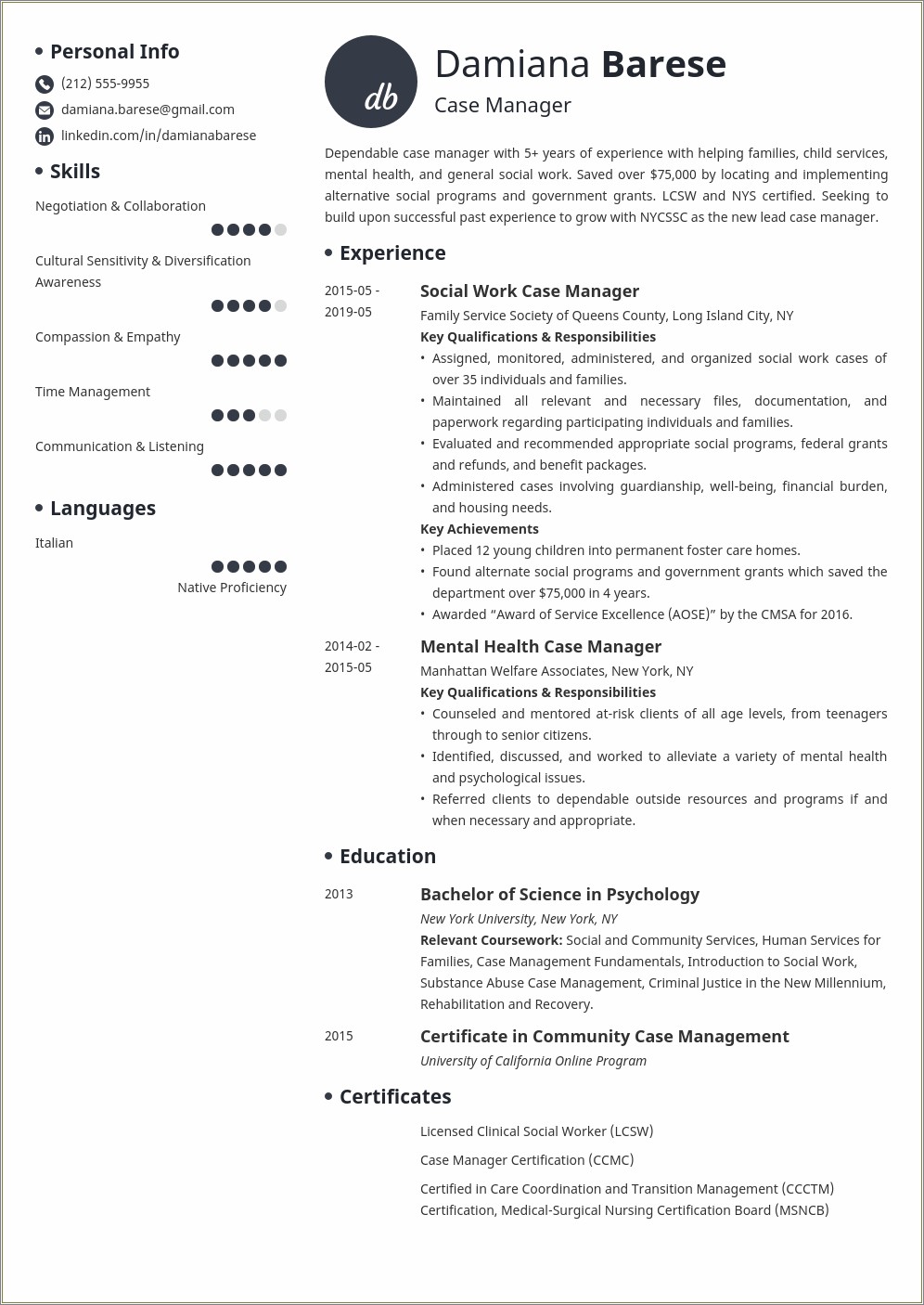 Entry Level Case Manager Resume Summary