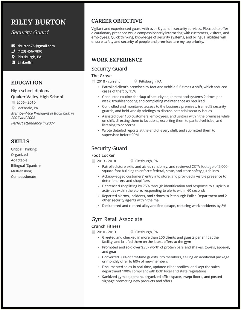 Entry Level Casino Security Guard Resume Sample