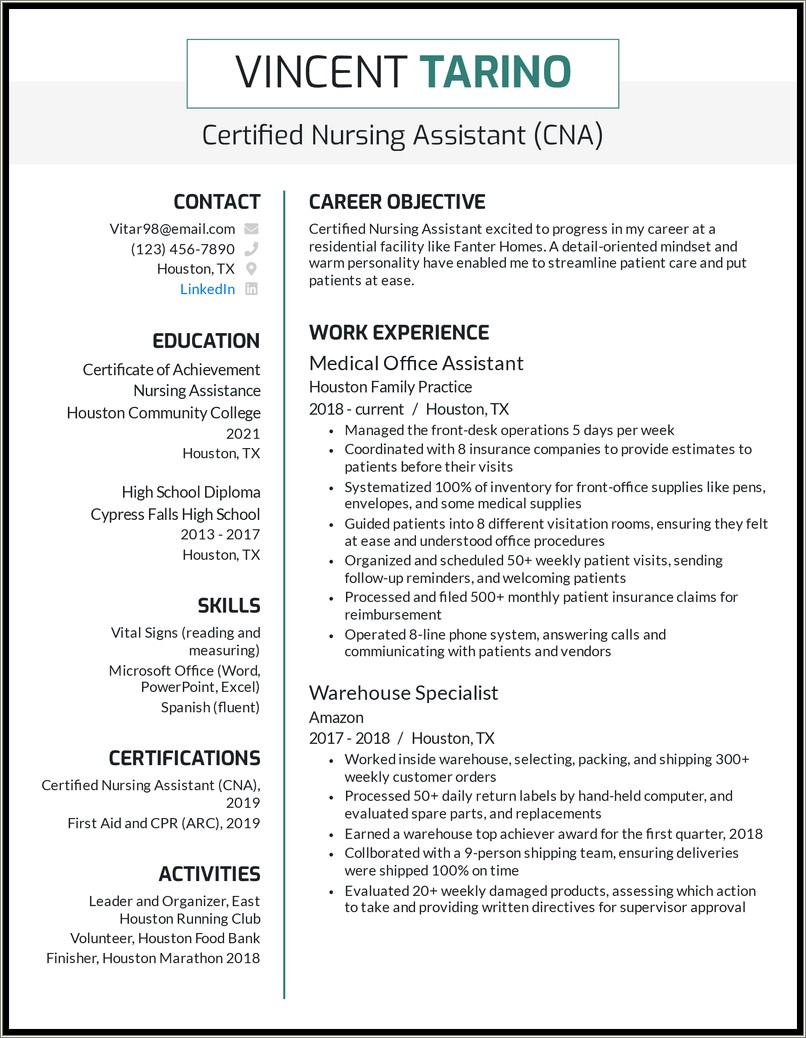 Entry Level Certified Nursing Assistant Skills Resume