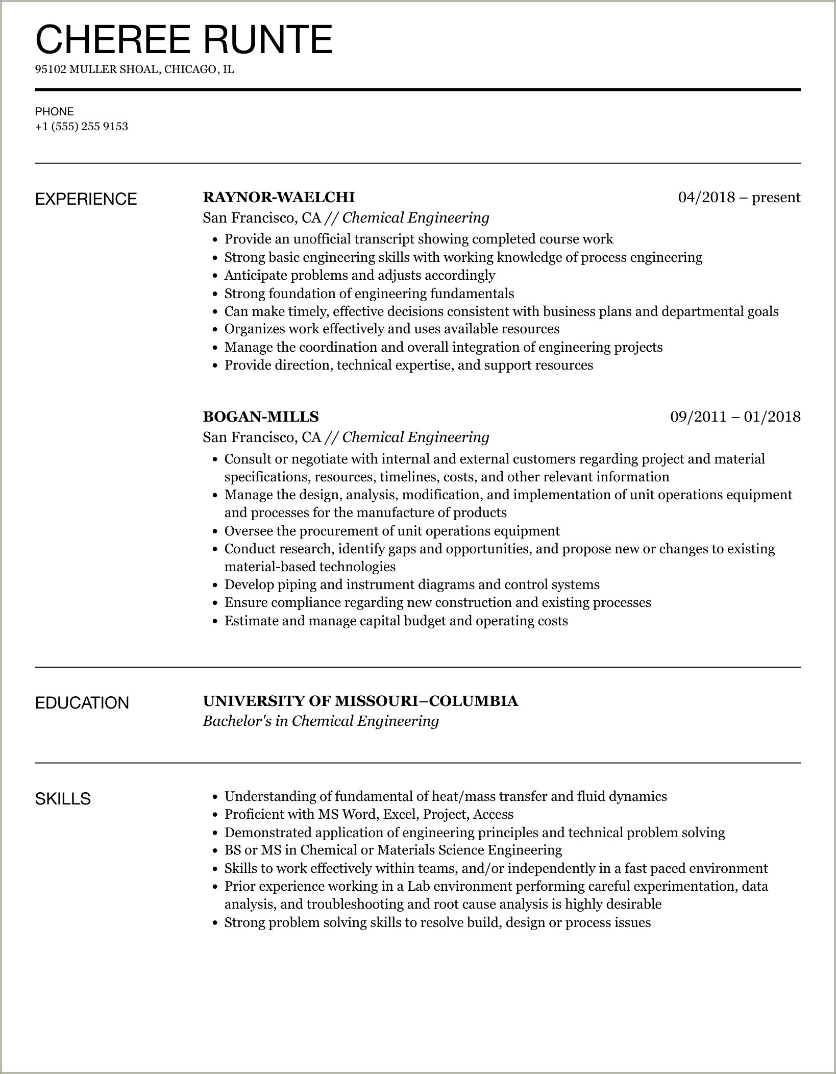 Entry Level Chemical Engineering Resume Objectives