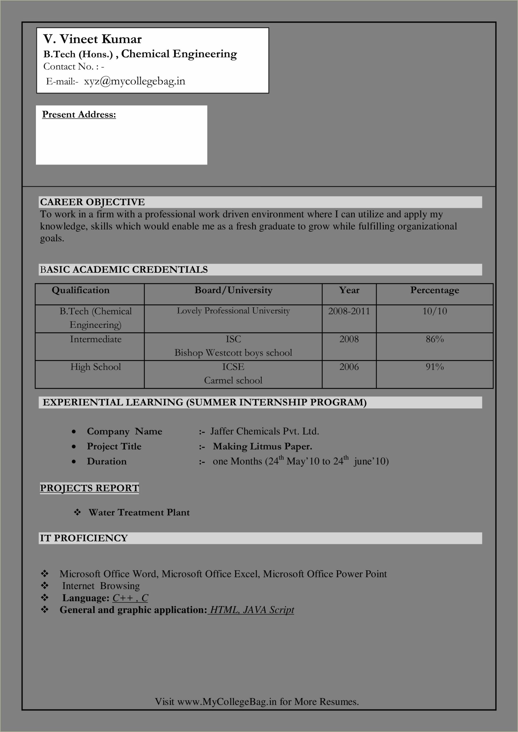 Entry Level Chemical Engineering Resume Samples