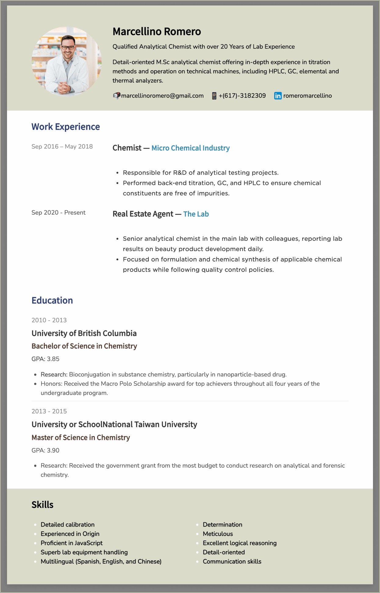 Entry Level Chemistry Research Experience Resume