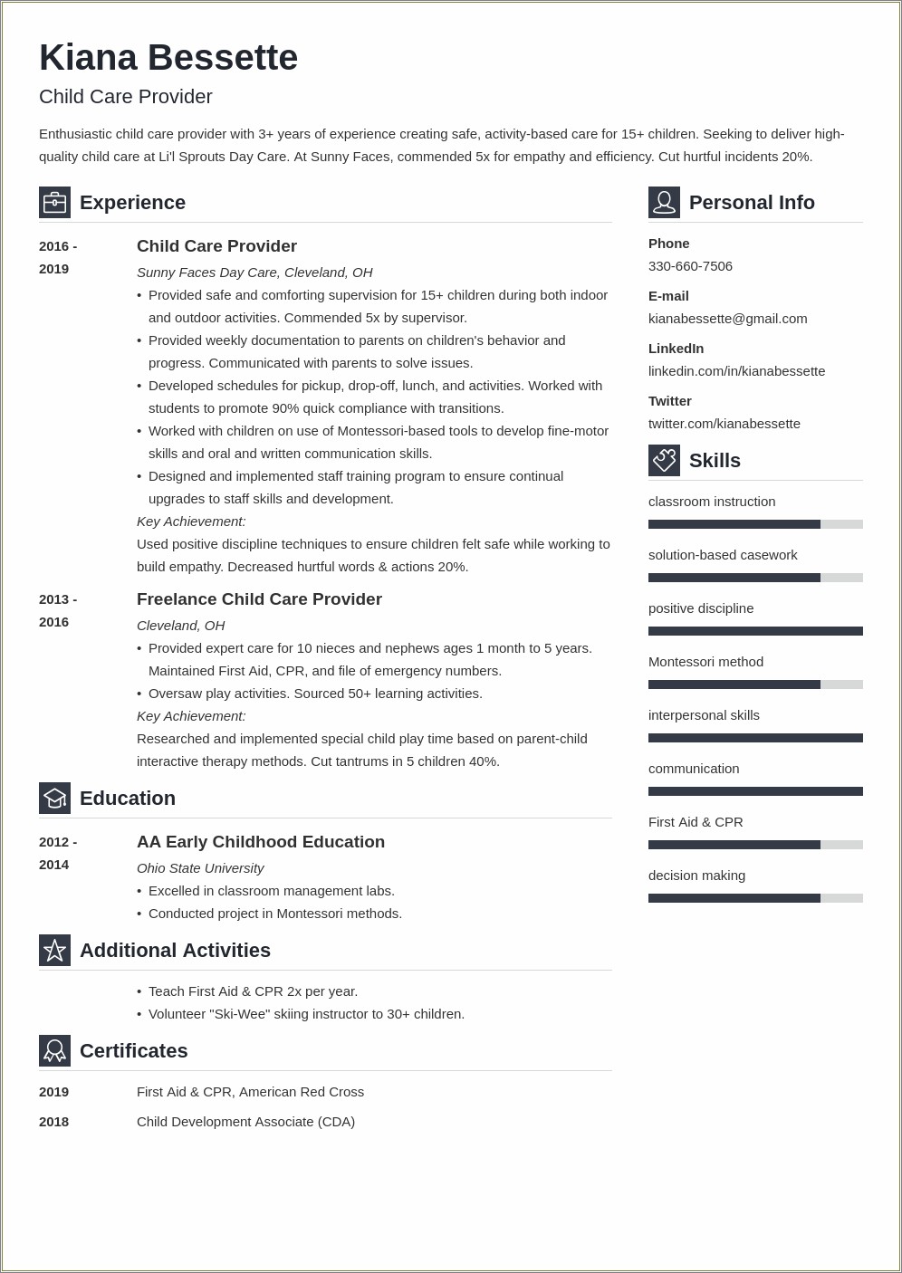 Entry Level Child Care Resume Sample