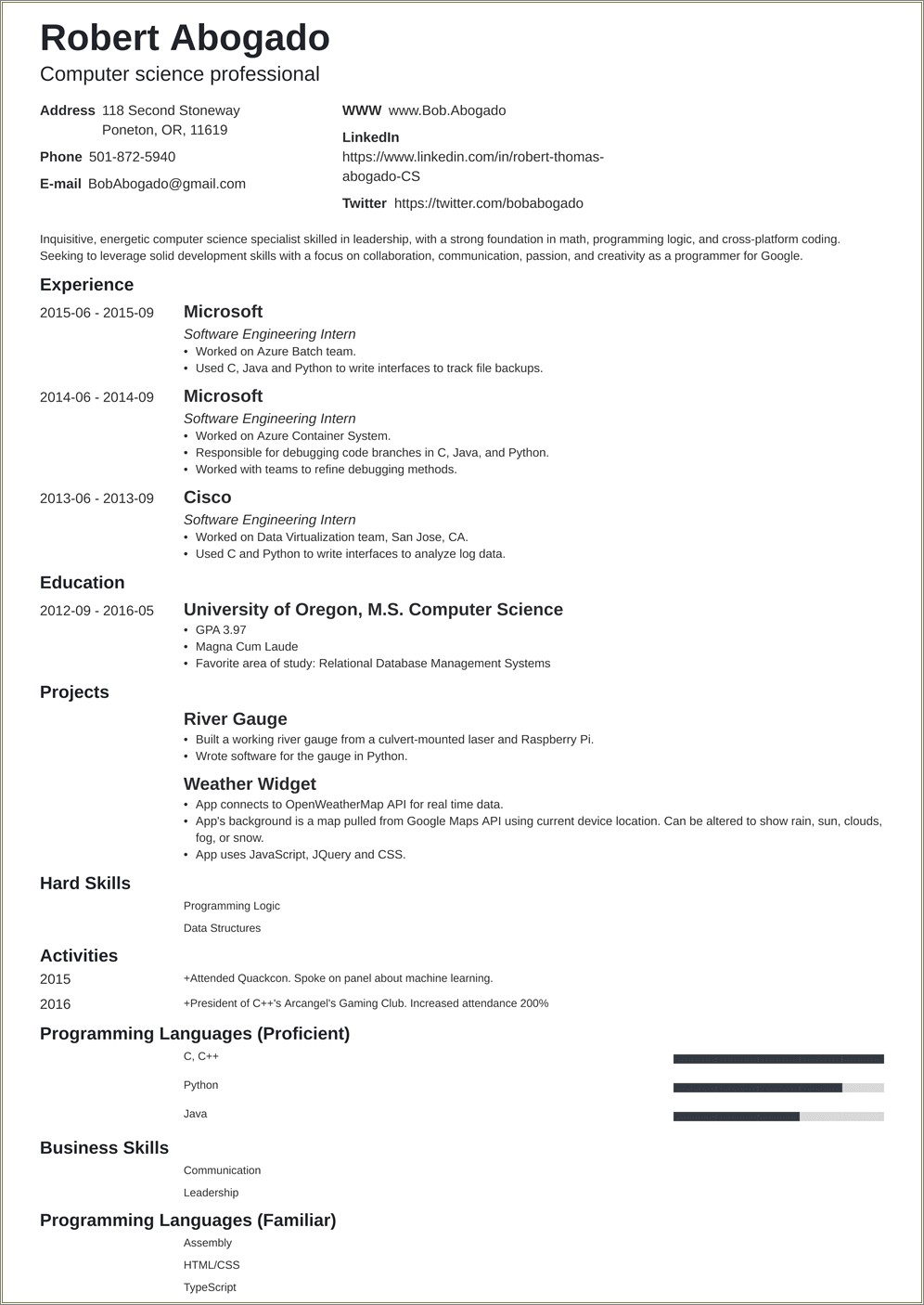 Entry Level Computer Science Resume No Experience