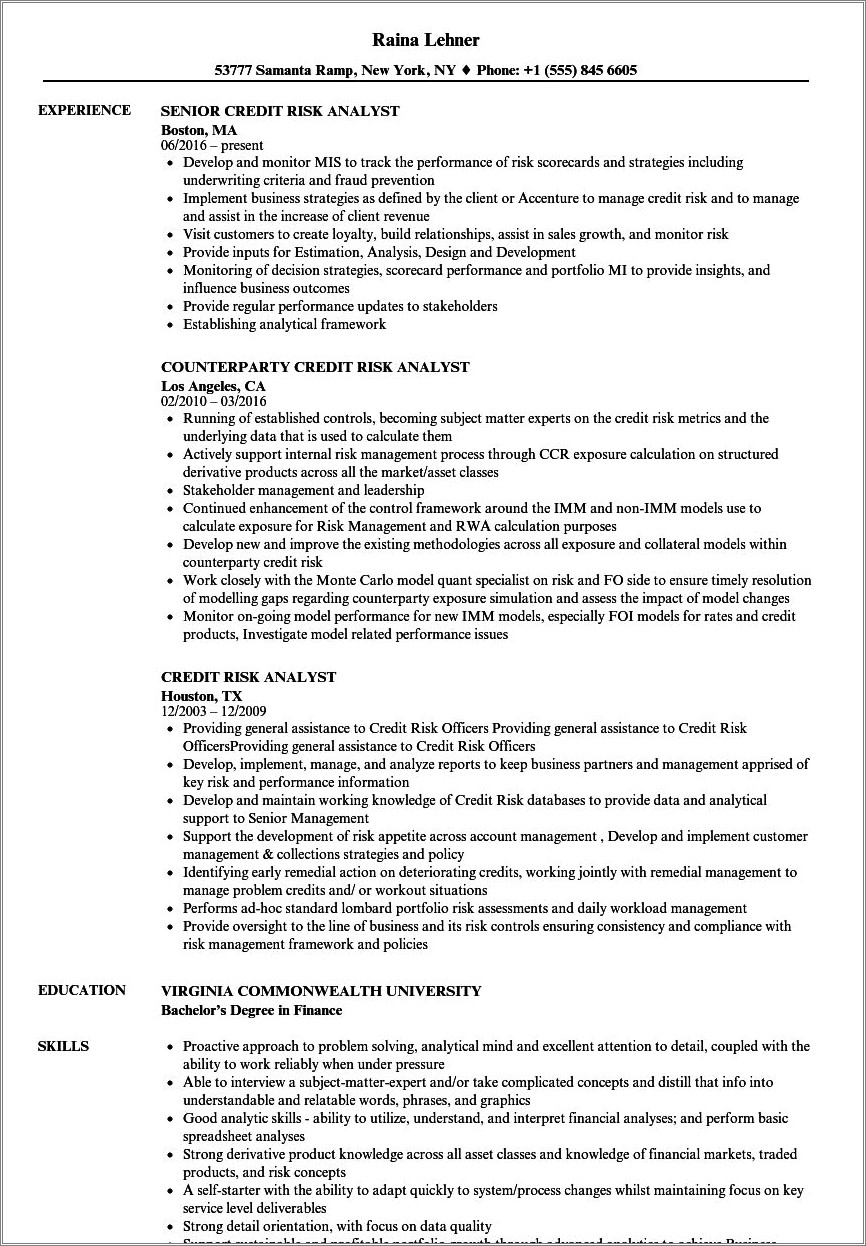 Entry Level Credit Analyst Resume Sample