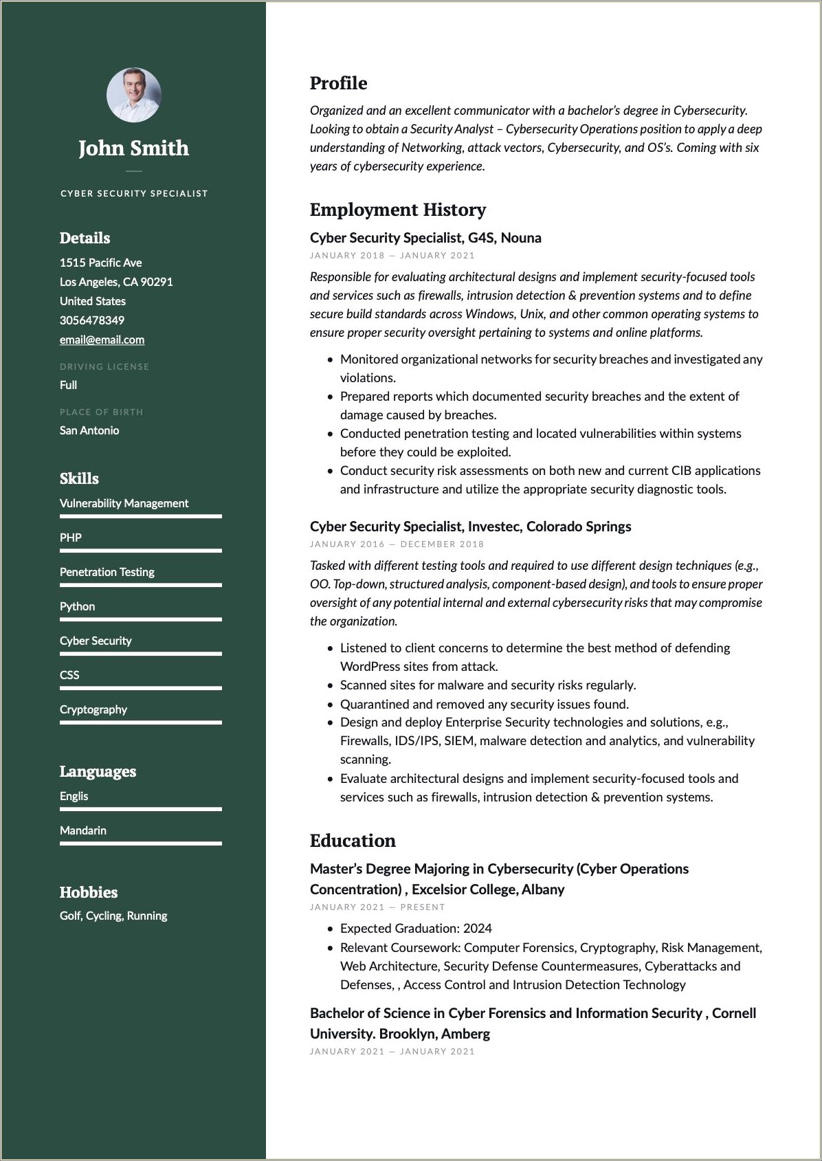 Entry Level Cyber Security Resume Example