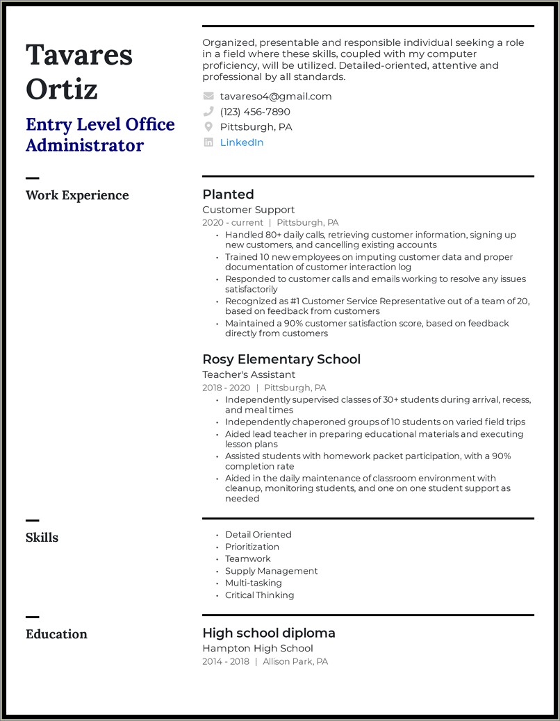 Entry Level Database Administrator Resume Example