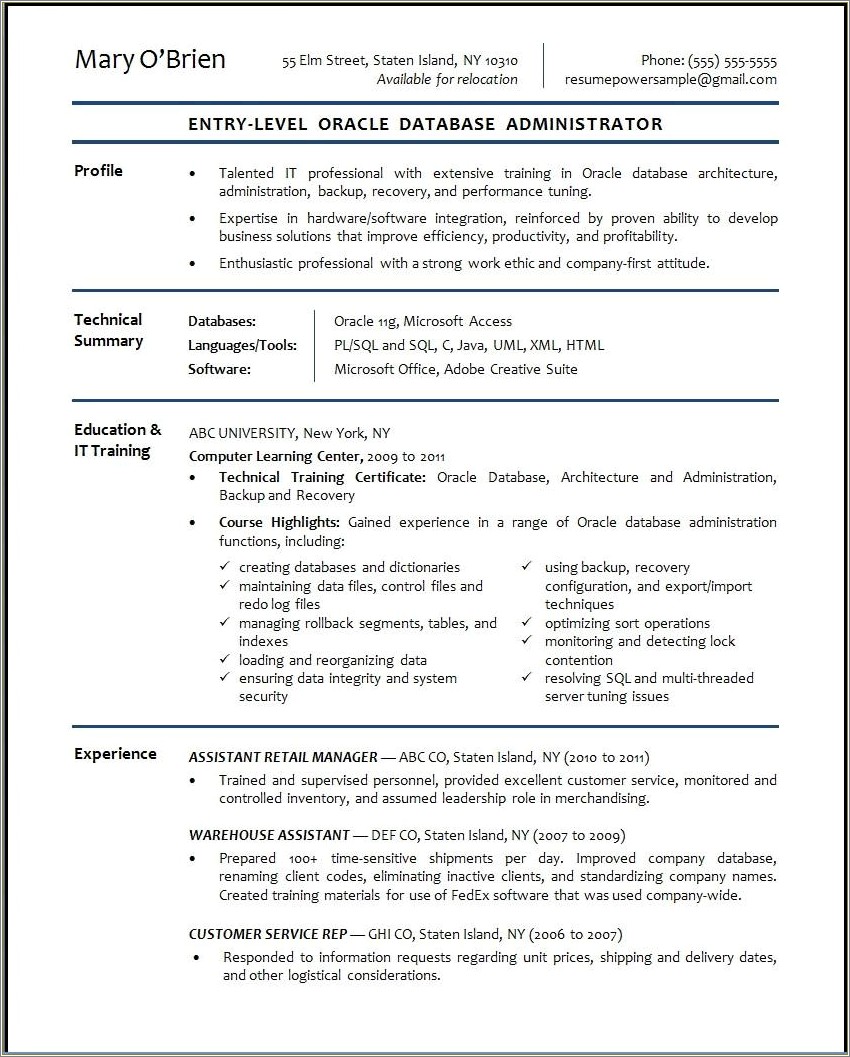 Entry Level Database Administrator Resume Sample