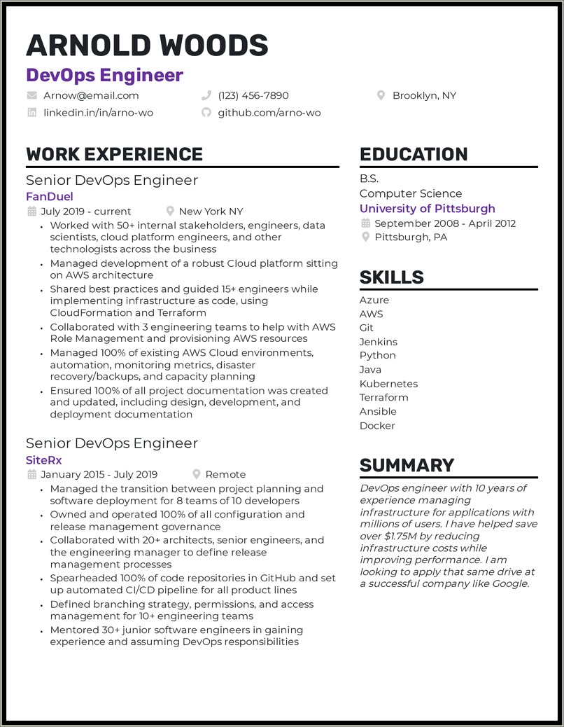 Entry Level Devops Engineer Sample Resume