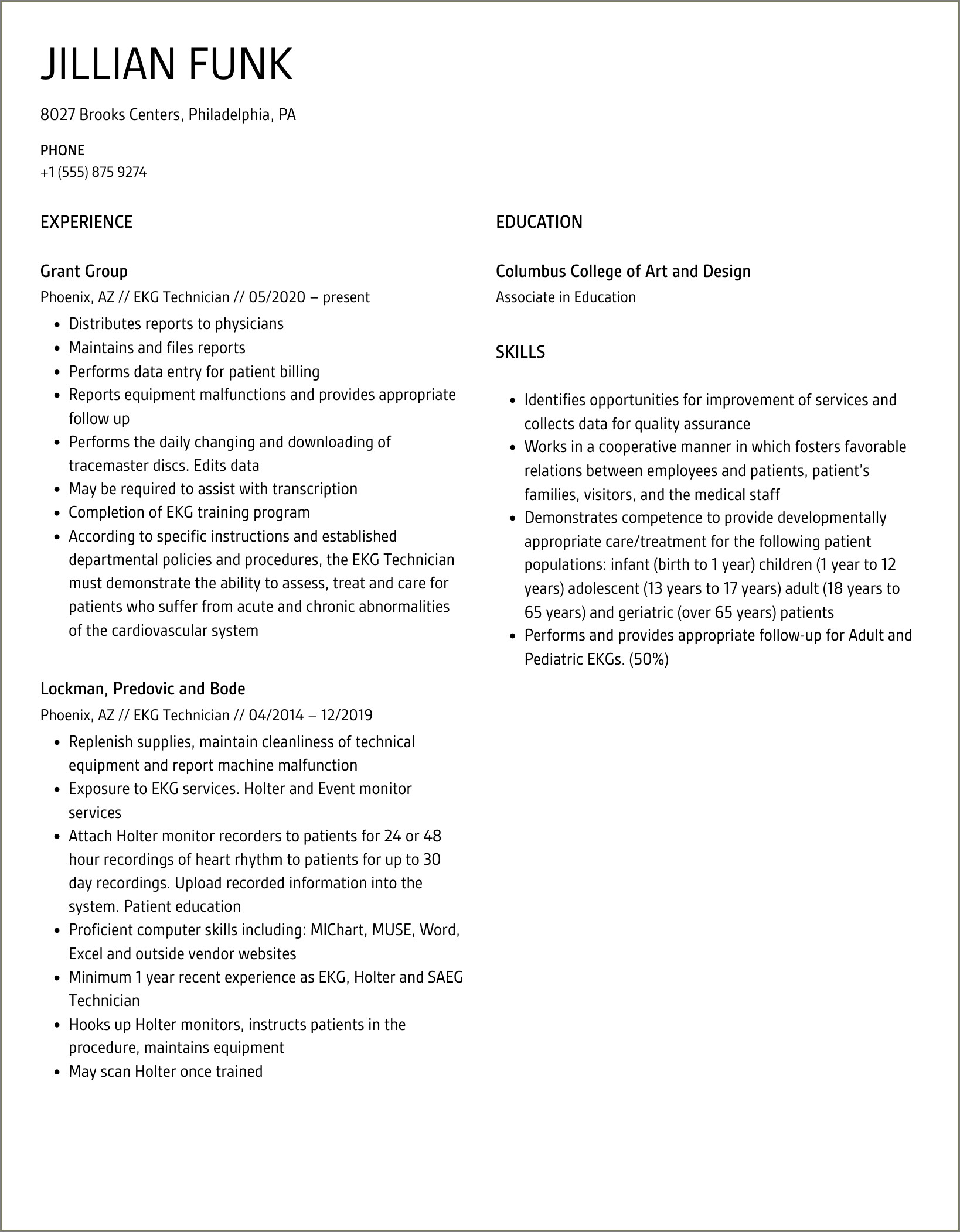 Entry Level Ekg Technician Resume Objective