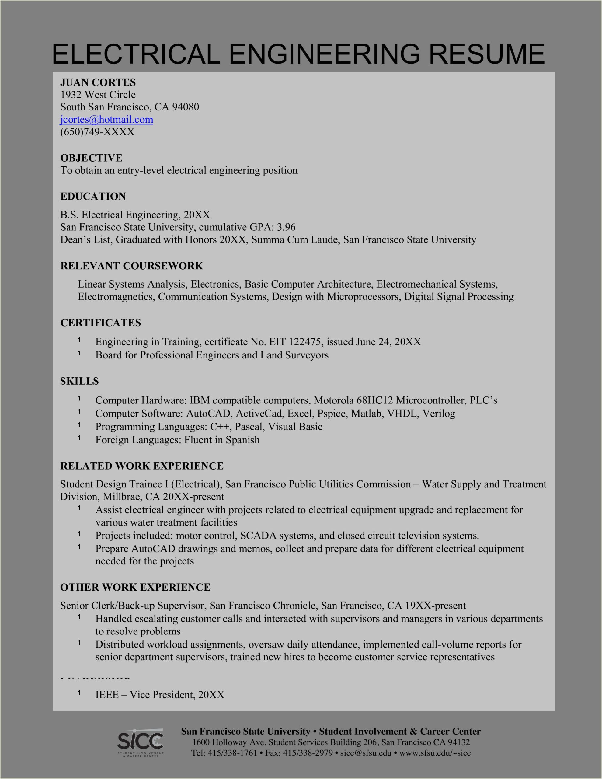 Entry Level Electrical Engineer Resume Template