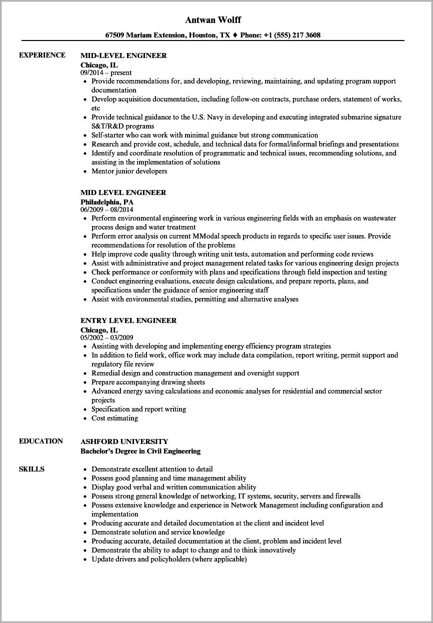 Entry Level Engineer Resume No Experience