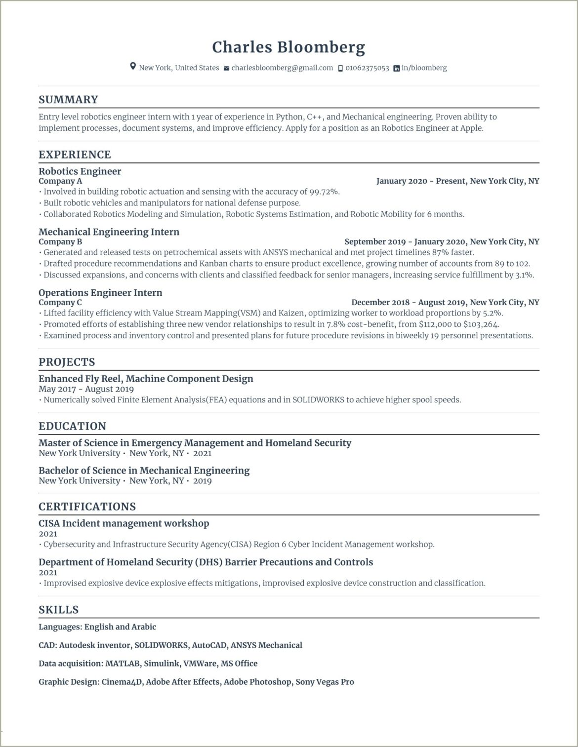 Entry Level Engineer Resume Samples