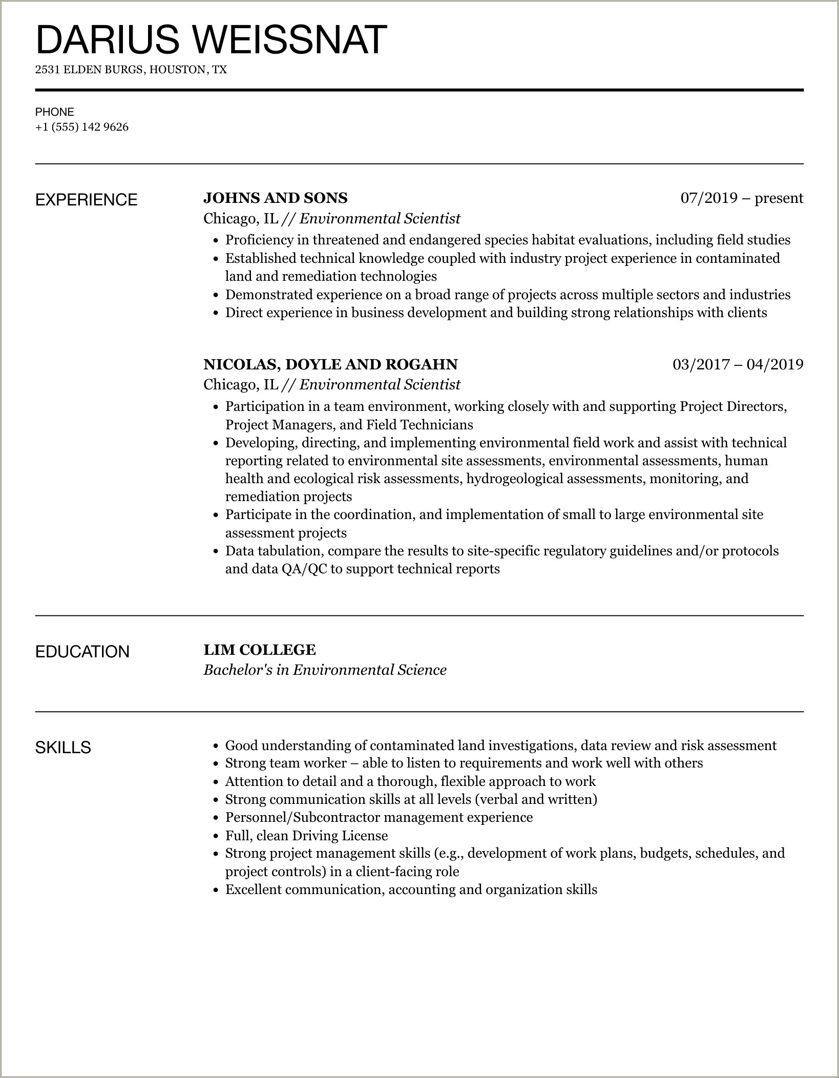 Entry Level Environmental Science Resume Examples