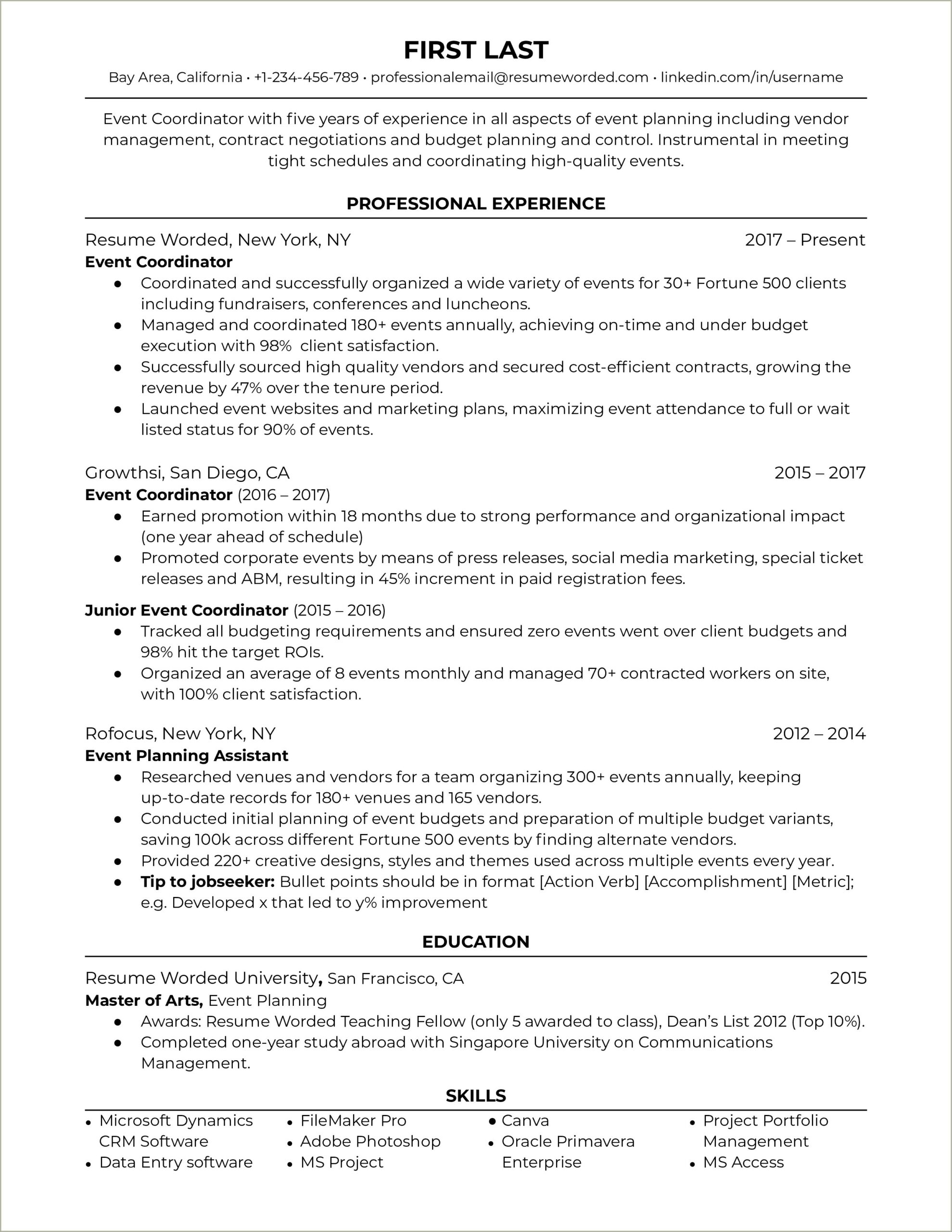 Entry Level Event Planning Resume Example