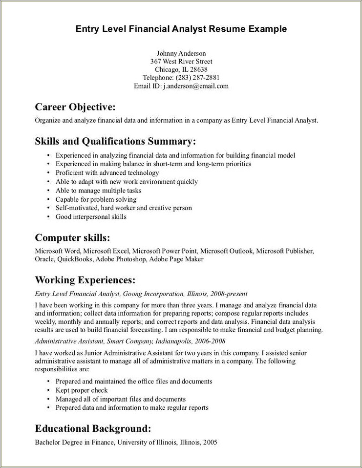 Entry Level Finance Resume With Objective