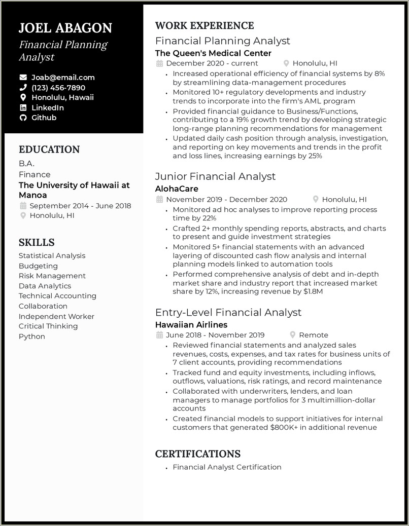 Entry Level Financial Analyst Resume Examples