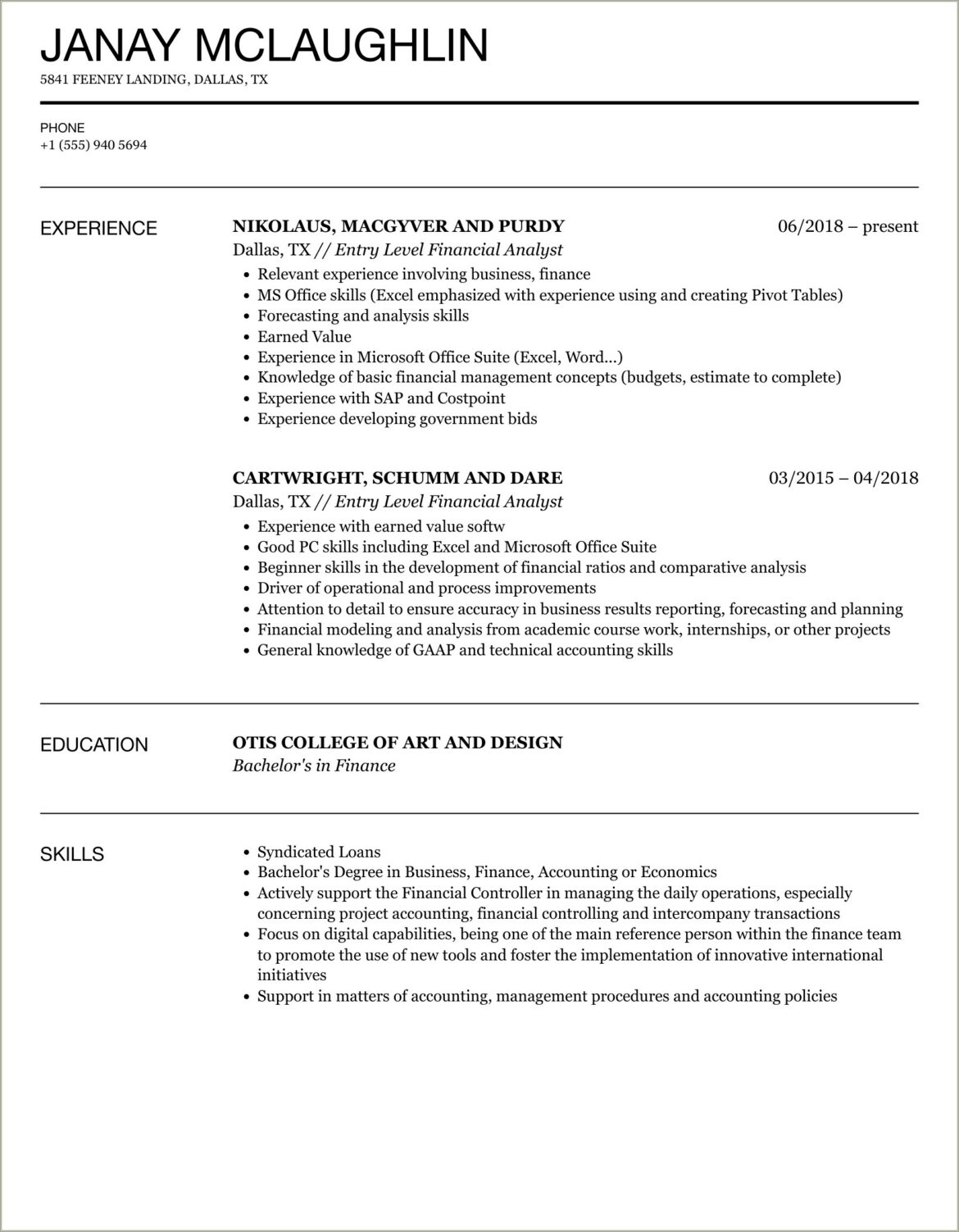 Entry Level Financial Analyst Resume Objective