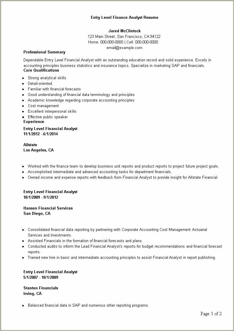 Entry Level Financial Analyst Resume Template