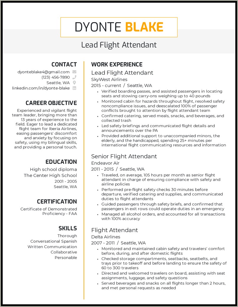 Entry Level Flight Attendant Resume Template