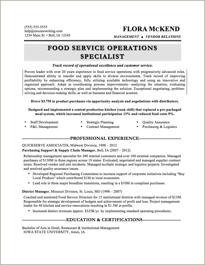 Entry Level Food Service Worker Resume