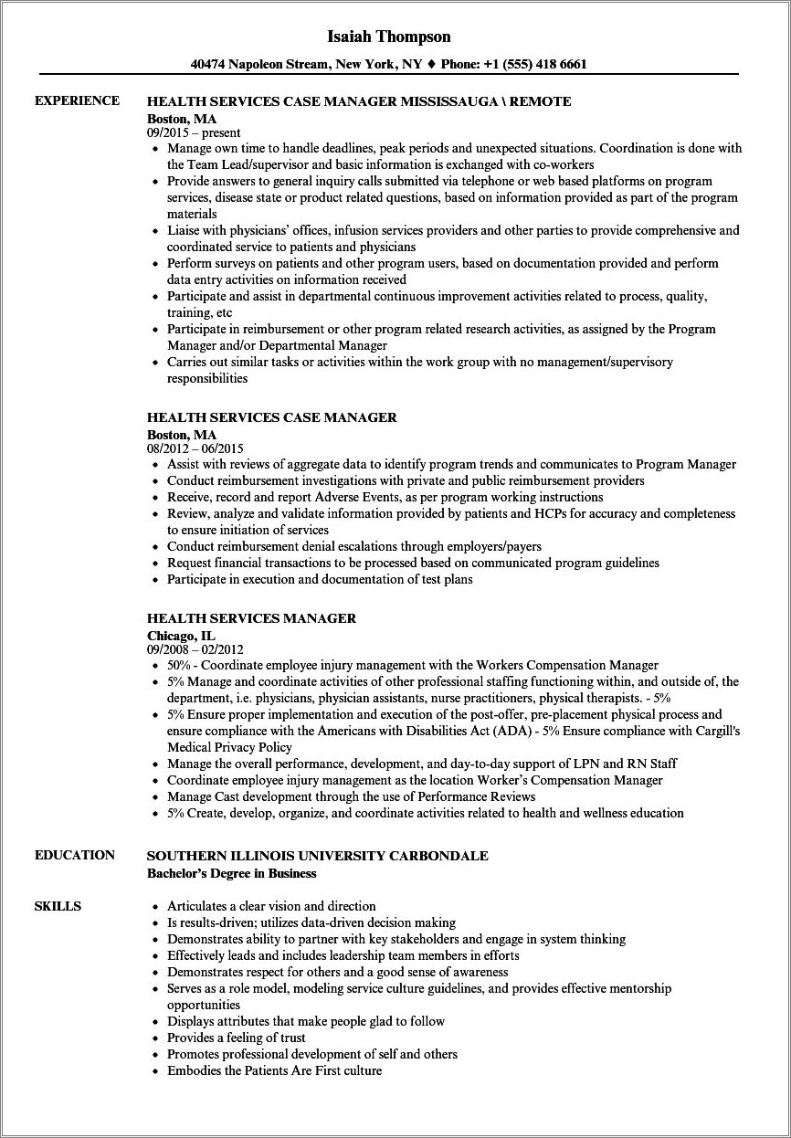 Entry Level Health Service Manager Resume