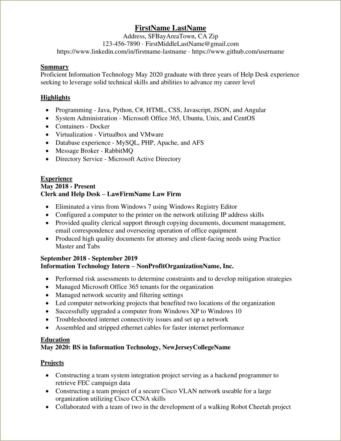 Entry Level Help Desk Resume Sample