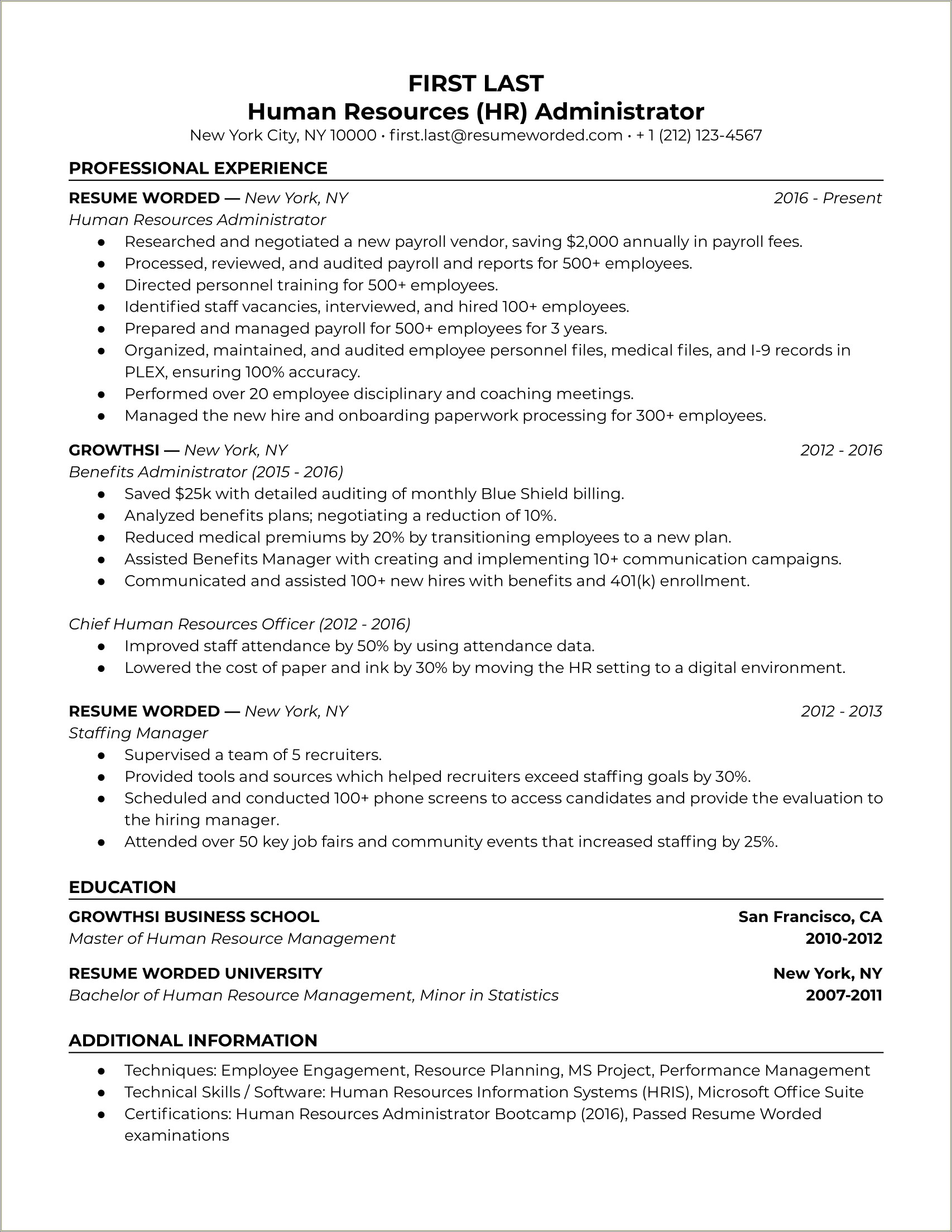 Entry Level Human Resources Career Summary For Resume